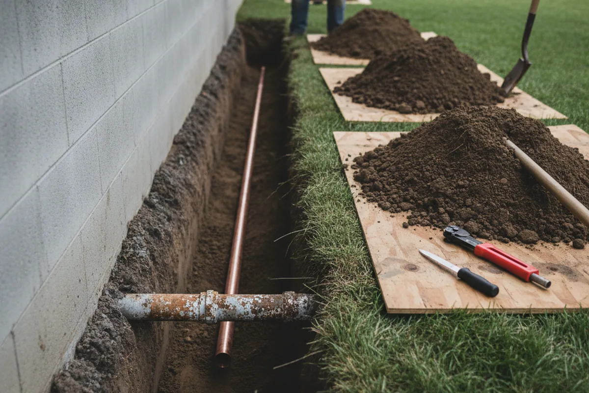 Excavated water line trench during Sewer Line Repair in Dublin